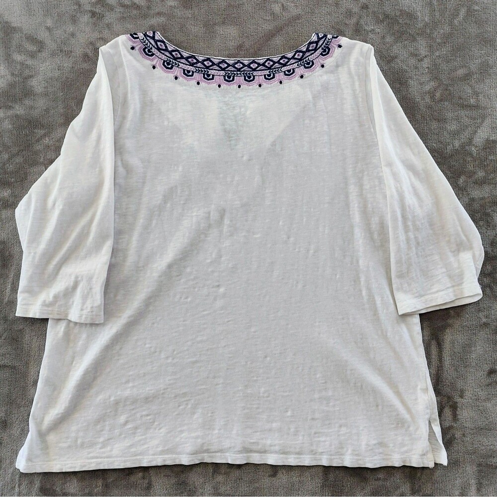 Talbots Split Neck Embroidered Tee Tunic Women's XL Petite White Purple Coastal - Picture 3 of 8